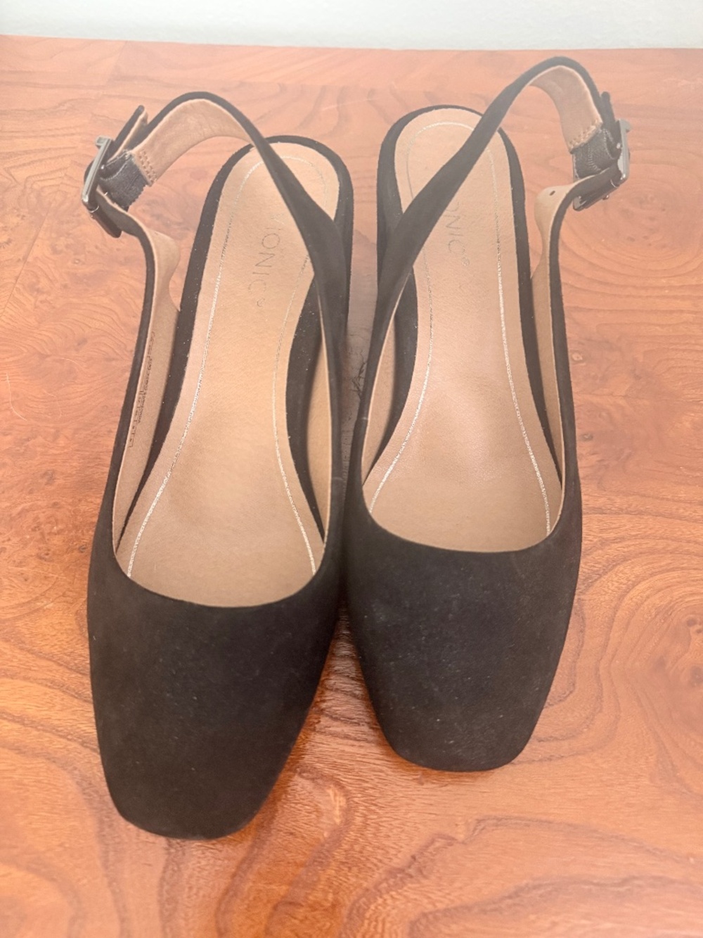 Vionic Suede Black block heel sling backs. New.